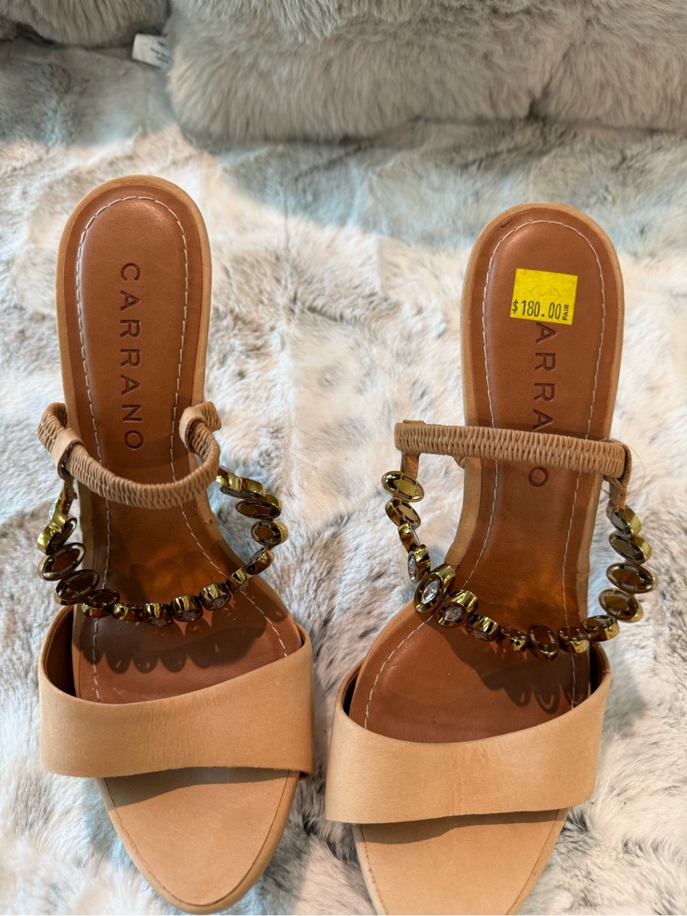 Carrano Tan Beaded Strap Heeled Slide